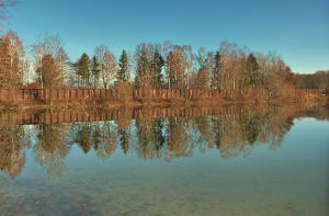 Die Hochwasserschutzwand zwischen Bazhausen und Bayersried spiegelt sich im Balzhauser Baggerweiher.