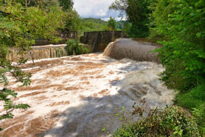 Mittleres Hochwasser - die Mindel am Teilungswehr südlich von Thannhausen.