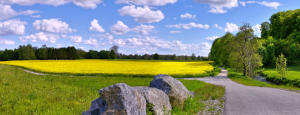 Panoramablick vom Hochwasserschutzdamm südlich von Bayersried ins Mindeltal. Rechts im Bild die Kleine Mindel und der Radweg nach Mindelzell.